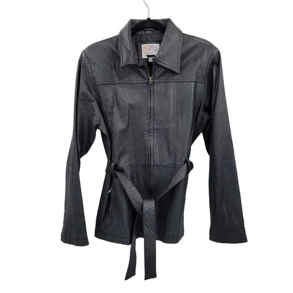 Vintage 80's PB‎ Martin Leather Jacket Moto Baddie Belted Collar Zip Up Black S